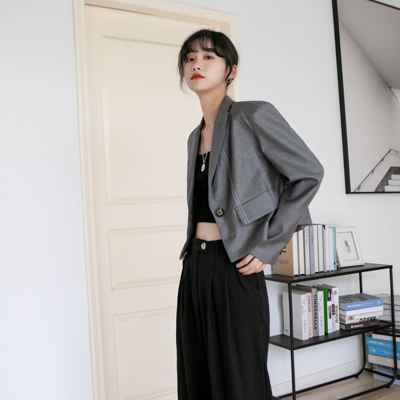 

ZCSMLL 2020 Autumn New Short Hit Line Design Short Long Sleeve Lapel Gray Suit Single Button Jacket Female