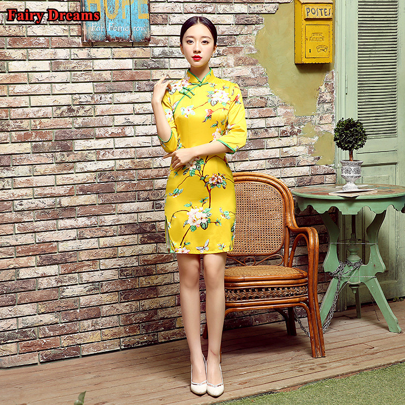 

Chinese Dress Women Flowers Print Yellow Vintage Cheongsam Summer Qipao 2020 Exotic Apparel Vestido Chino Mujer