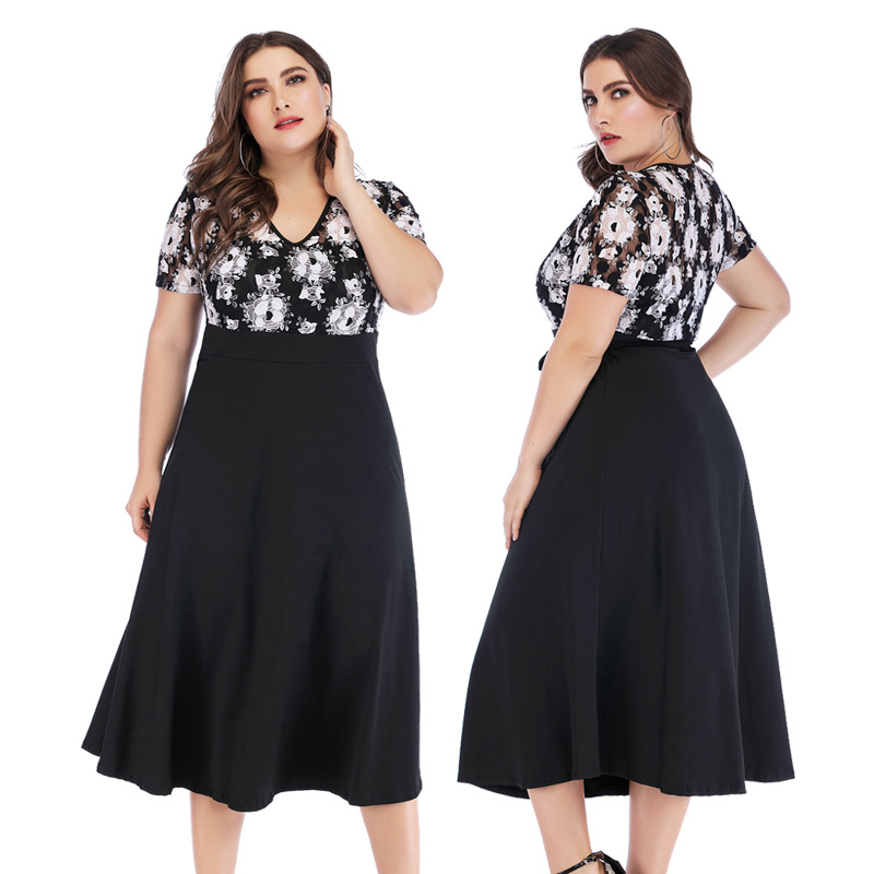 

Plus Size Women Summer Dress Patchwork Flower Large Size Evening Party Lady Midi Dress Sexy Lace Calf Elegant Female Dres, Black