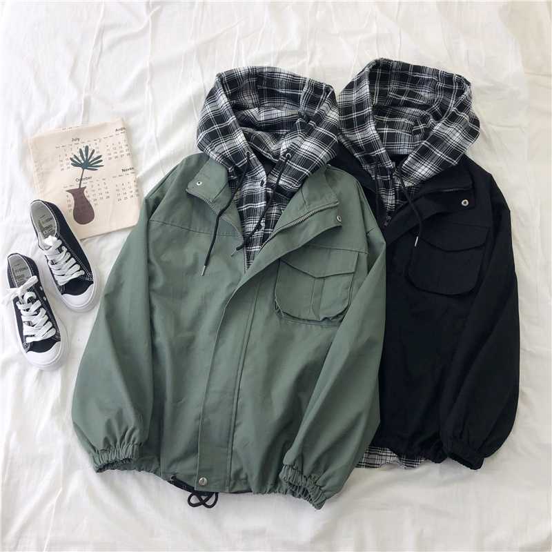 

Fake Two Pieces Lattice Jacket Women Harajuku Safari Style Long Sleeve BF Loose Coat Women Spring Fashion Green Hooded Top, Black