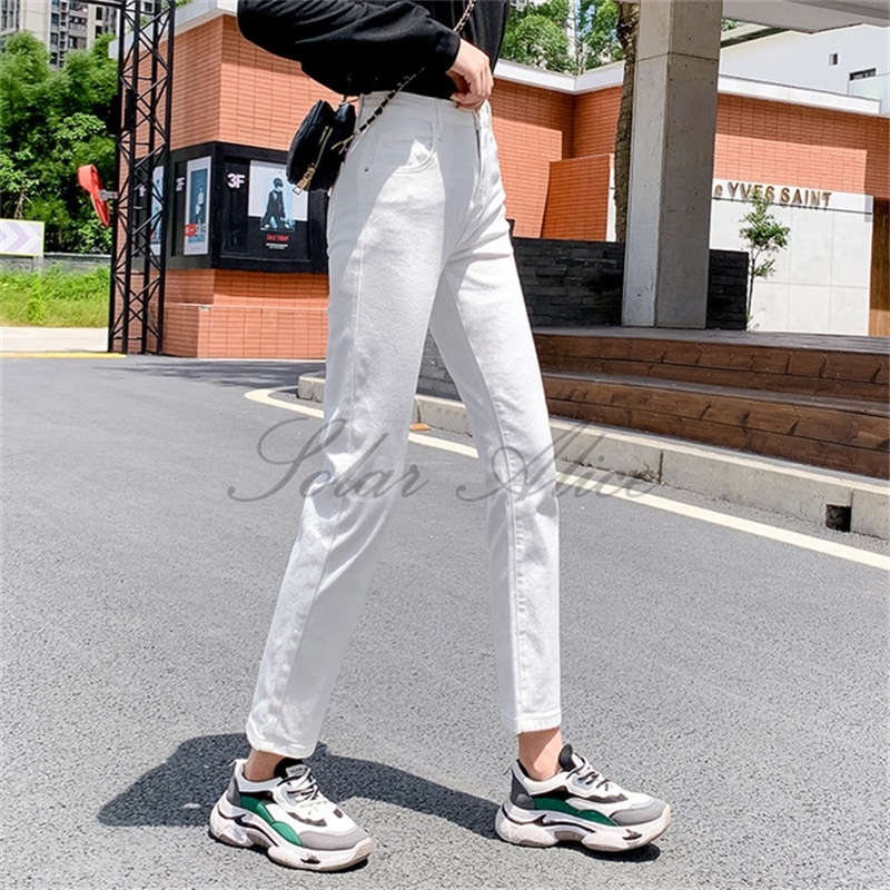 

Free Shipping Women's Fall 2020 New Ankle Length Straight Jeans Loose High Waist Stretch Ruffled White Casual Pants