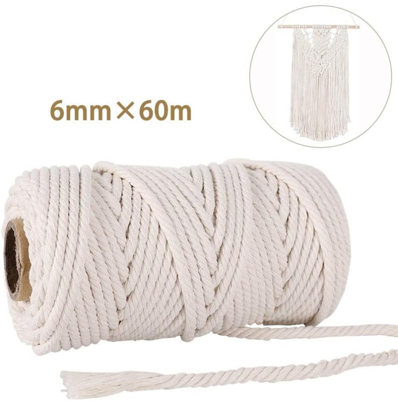 

Macrame Cord 6mm x 60m 4-Strand Twisted Soft Unstained Cotton Rope for Plant Hanger Wall Hanging Knitting Craft Home Bedroom, 6mm(60m)