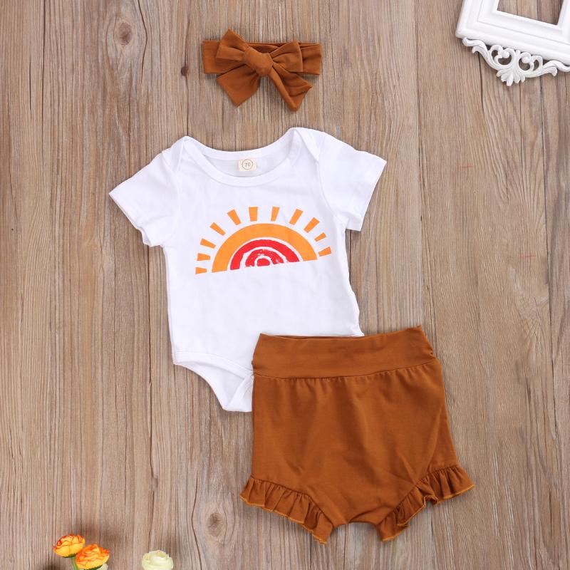 

2020 Summer New 0-18M Baby Girl Clothes 3pcs Sweet Rainbow Print Short Sleeve Romper Cotton Tops+Ruffle High Waist Shorts Set, As pic