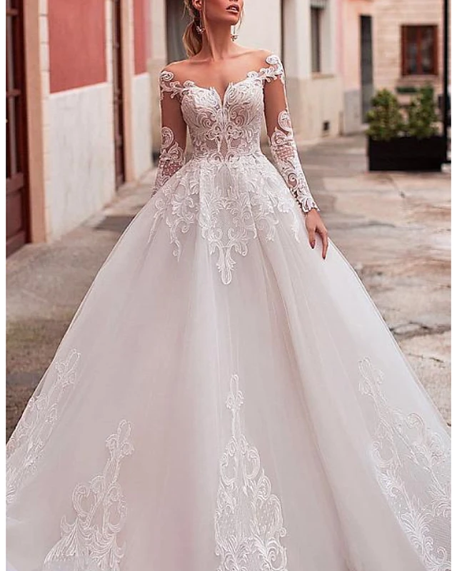 

ball gown a-line wedding dresses off shoulder sweep / brush train lace tulle long sleeve formal see-through backless with appliques, White
