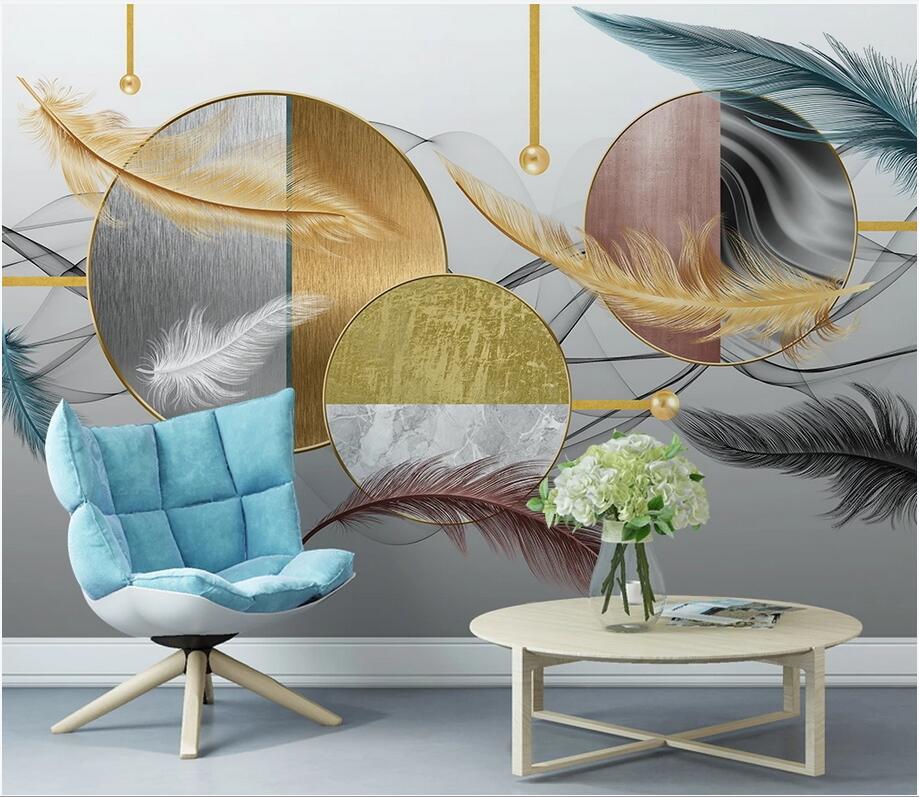 

3d wall paper wall sticker custom photo Modern minimalist geometric golden feather TV background painting Home interior wall paper 3 d, Non-woven wallpaper