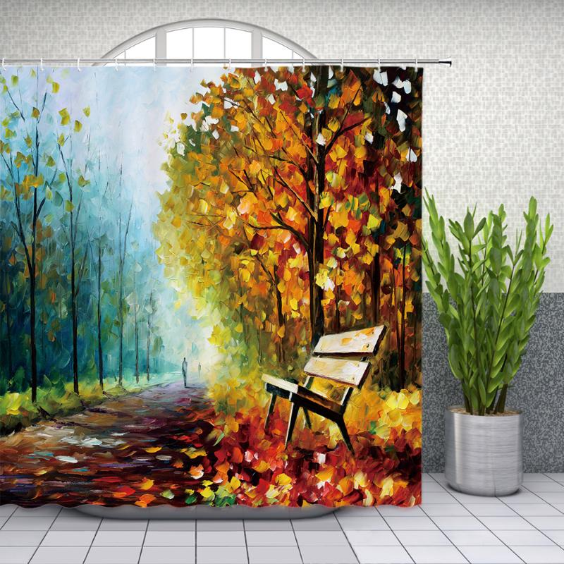 

Oil Painting Scenery Shower Curtain Park City Street Landscape Bathroom Bathtub Decor Waterproof Polyester Cloth Curtains Set