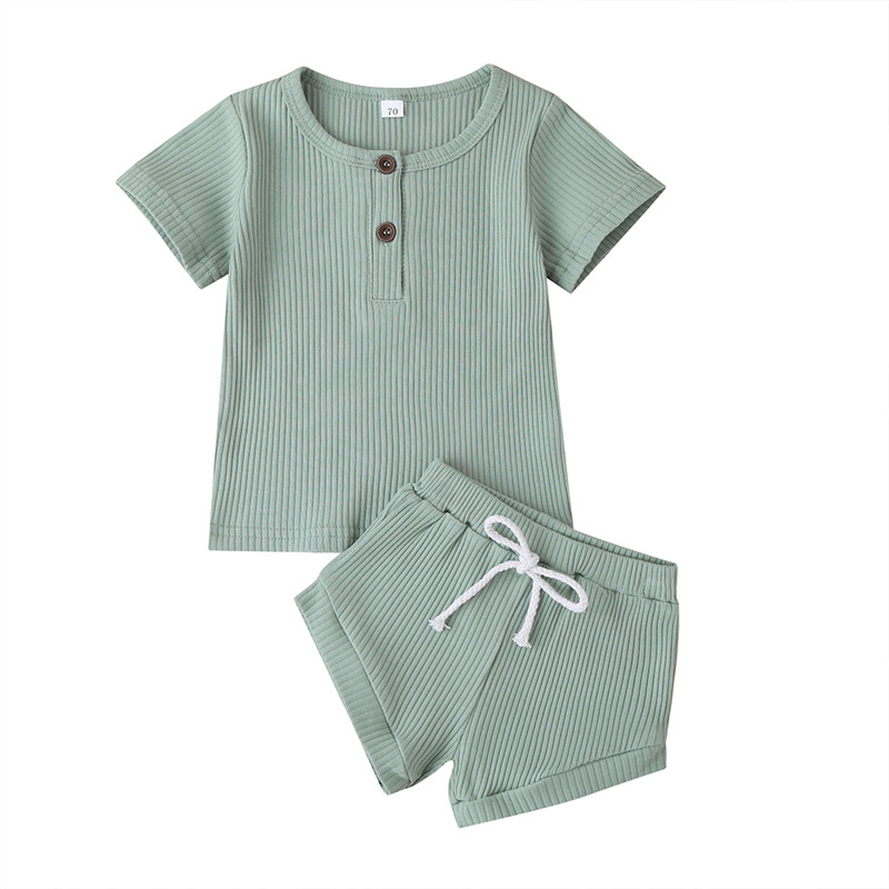 

Newborn Kids Baby Girls Boys Clothes Short Sleeve Solid Color Ribbed Top T Shirt Shorts Summer 0-24M Infant Clothing Outfits Set, Blue