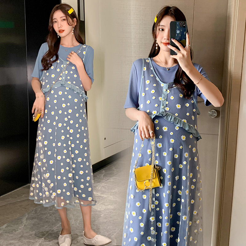 

6160# Maternity Clothes Summer O Neck Short Sleeve Easy Matching Loose Stylish floral Dress for Pregnant Women Mom Dress, Orange