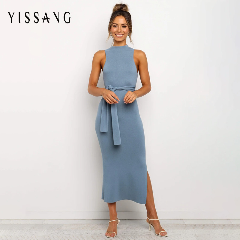 

Yissang Elgant Sexy Belt Knitted Summer Dress Women Turtleneck Sleeveless Midi Bodycon Dresses Ladies Split Draped Casual Dress, Blue