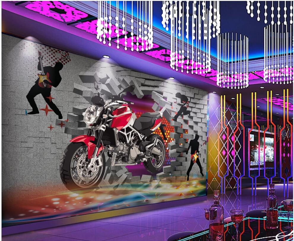 

3d wallpaper custom photo mural on the wall Break the wall into motorcycle guitar music home decor 3d wall murals wallpaper for living room, Non-woven wallpaper