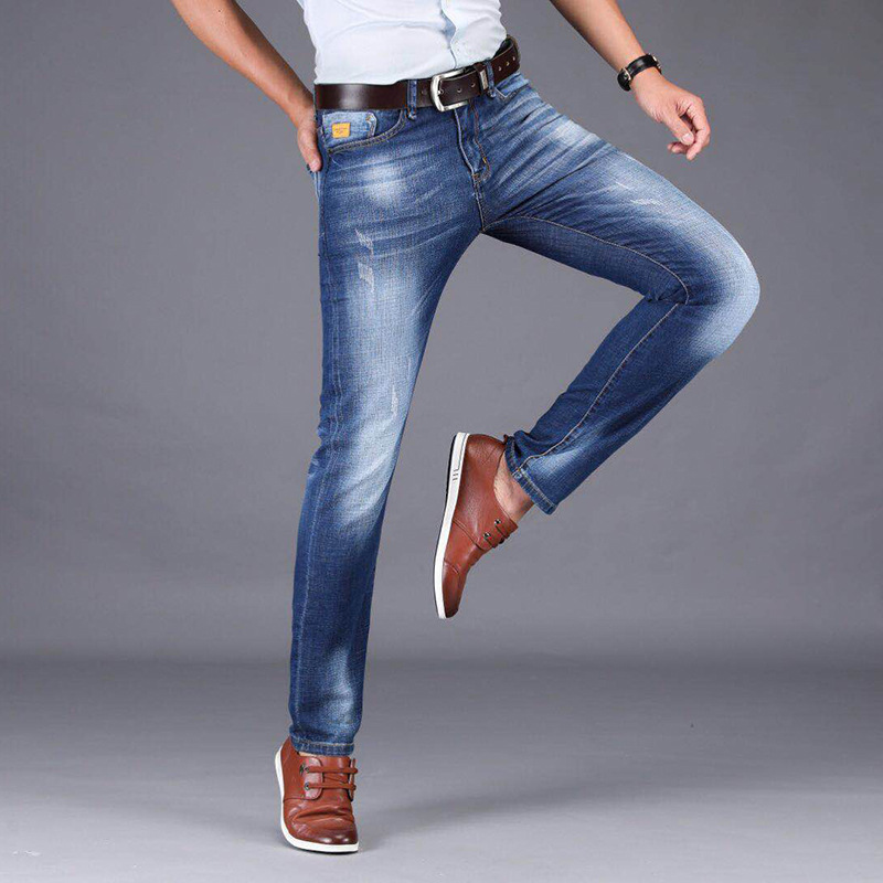 

2020 Spring Men's Wear White Casual Jeans Youth Fashion Soft and Comfortable Middle Waist Denim Trousers, Blue