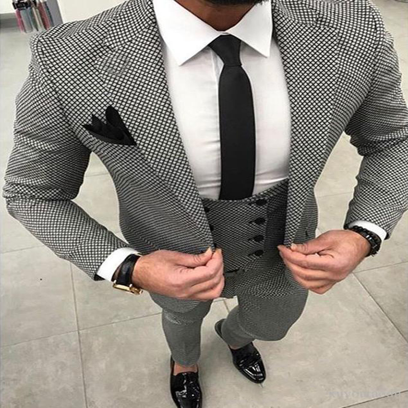 

2020 Houndstooth Double-breasted Suit Mens Wedding Suits Custom Made Slim Fit Business Male Party Suit Groom Tuxedos 3 Piece Set, Same as image