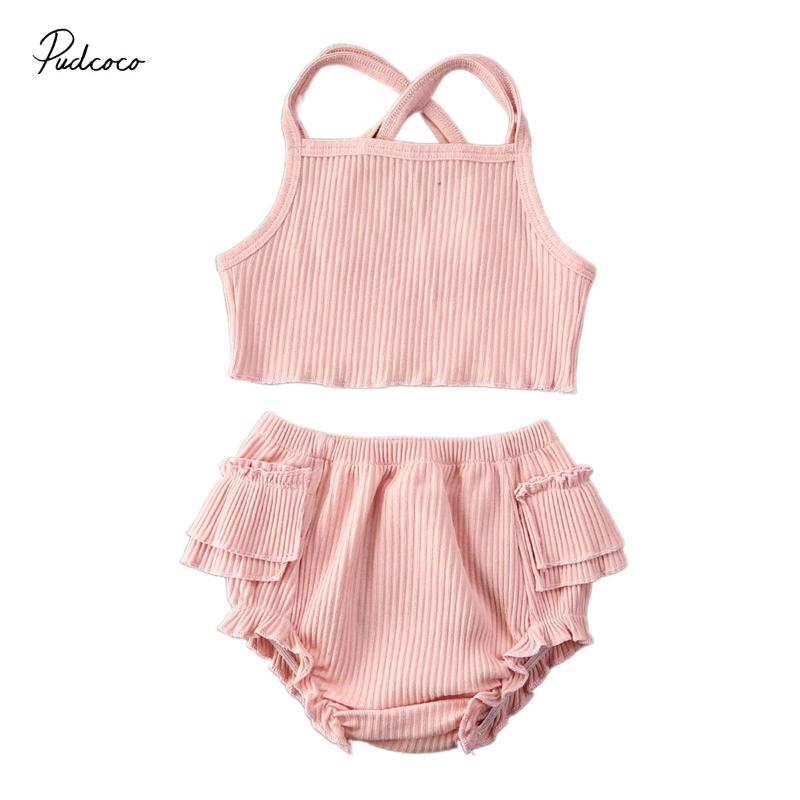 

0-24M Newborn Baby Girls Boys Clothes Sets Ruffles Solid Sleeveless Belt Vest Tops+Shorts Outfit 3 Colors