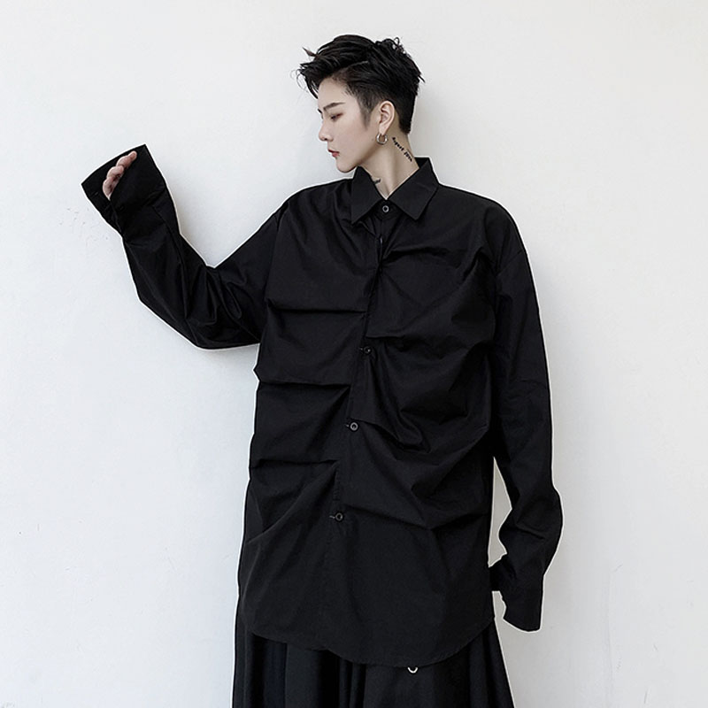 

Men Pleated Design Long Sleeve Casual Blouse Shirt Male Japan Korea Style Streetwear Loose Folds Shirt, 9934 white