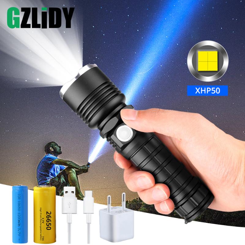 

Powerful XHP50 LED USB Charging LED Tactical Torch Support Zoom 5 Lighting Modes Powered By 18650 or 26650 Battery