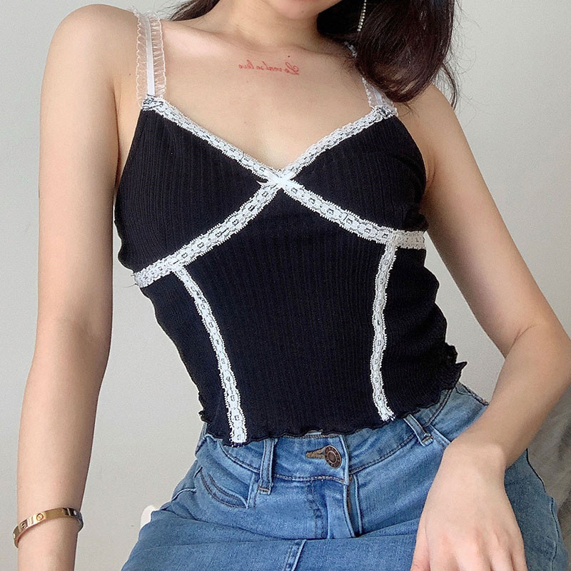 

Patchwork Lace Cross Summer Crop Top Women Plain Casual V Neck Backless Cropped Tops Tank Top Spaghetti Straps Camis Vest 2020, Black