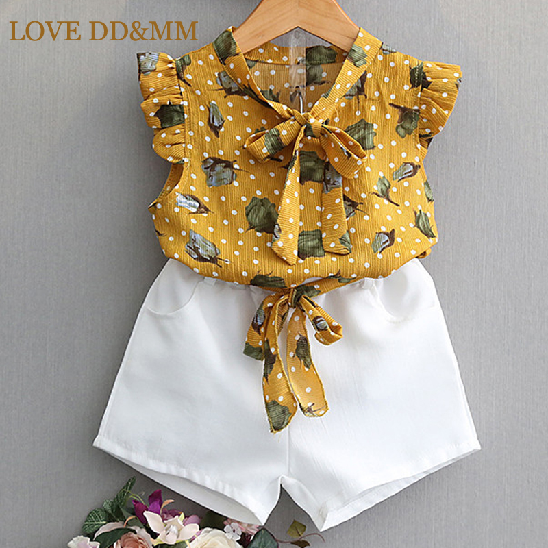 

LOVE DD&MM Girls Sets 2020 Summer Explosion Kid's Wear Girls Chiffon Dotted Print Top + Pure Casual Shorts Two-Piece Set, Yellow