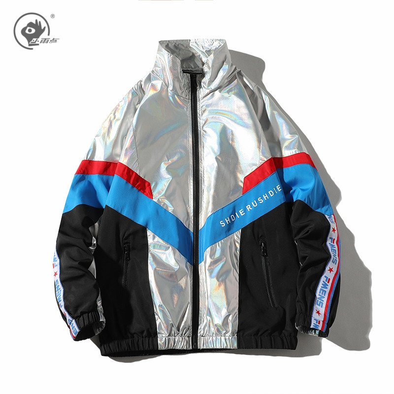 

Little Rain Youth Men Patchwork Streetwear Reflective Jacket Mens Harajukiu Windbreaker Male Korean Fashions Vintage Jackets, Silver