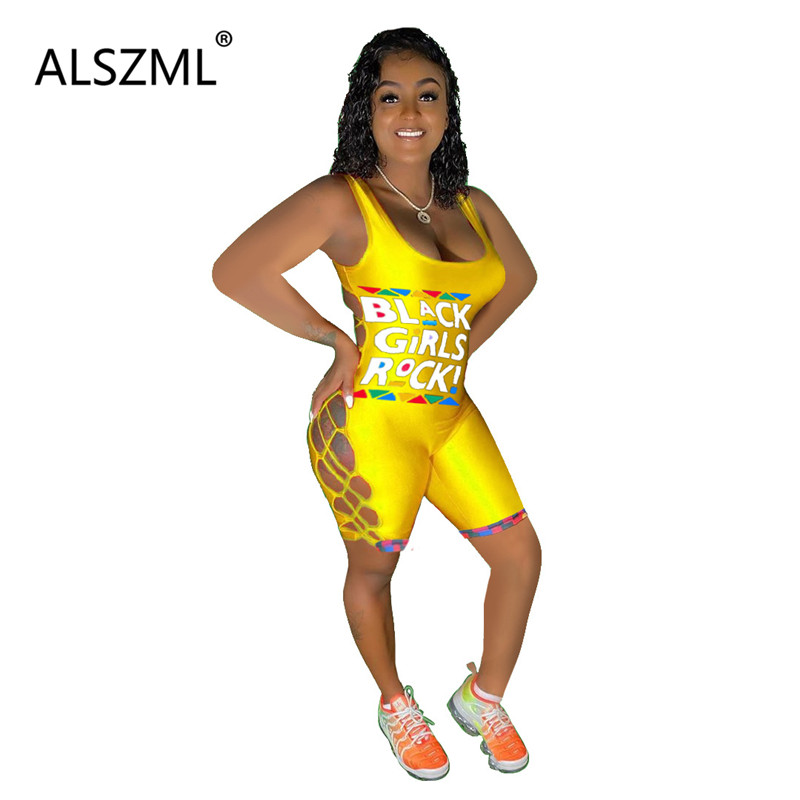 

summer hot sale U neck sleeveless alphabet print jumpsuits hole special design bodysuits high street lady sheath overalls, Black