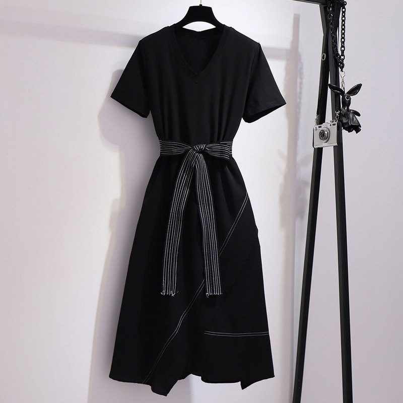 

Summer 2020 new large women's dress fat mm personalized V-neck stitching irregular belt waist waist show thin dress, Black
