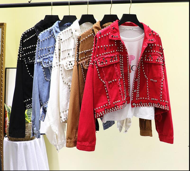 

2020 Autumn Women Outerwear Red Denim Jacket Coat Heavy Hand Beaded Rivet Short Black Jeans Jacket Student Basic Coats Outfit, Same as picture