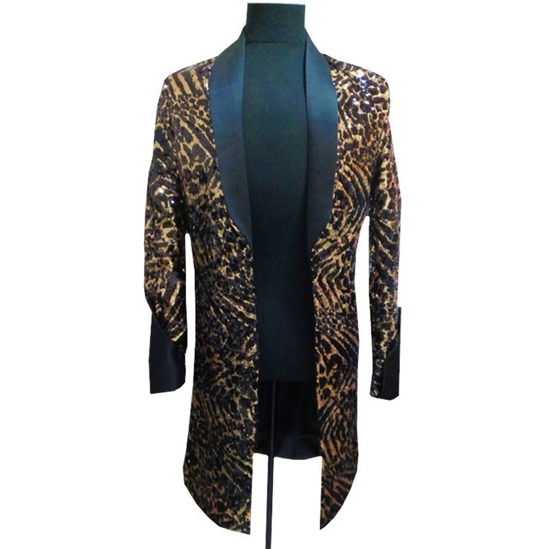 

Leopard Singer DJ Nightclub Jlogn With Black Collar Fancy Long Blazer Men Suit Jacket Plus 5xl, Brown
