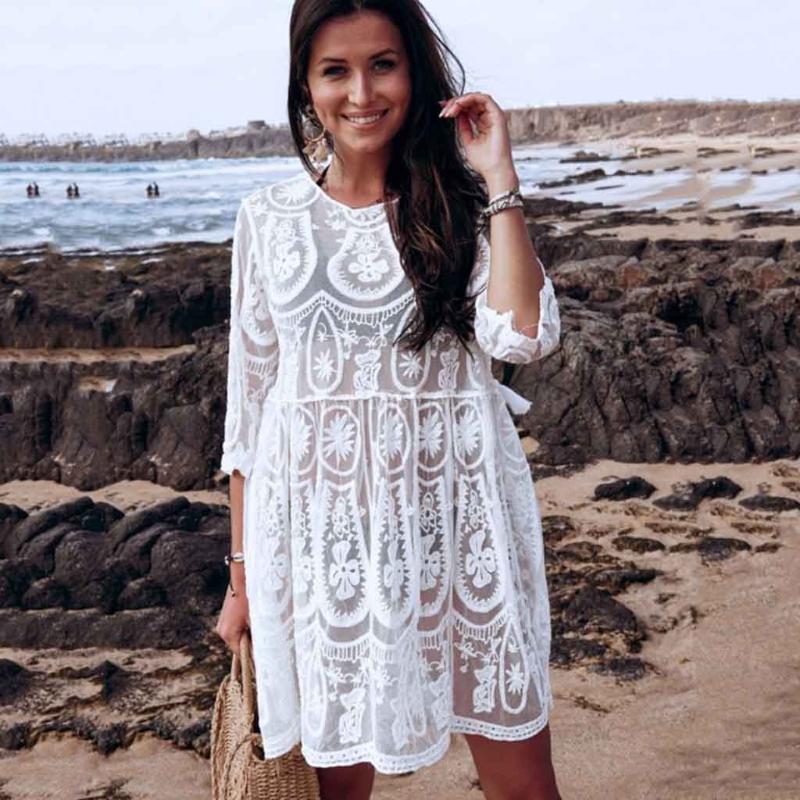

Women's New 2020 Cover-Ups Tunic Lace Hollow Embroidered Swim Beach Dress Pareos Backless Beach Skirt Smock Casual Bikini Smock, White