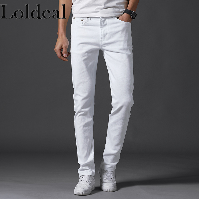 

Loldeal Men's Jeans New Slim Solid Color Straight Denim Washed, White