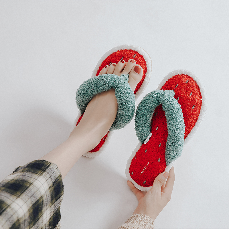 

Watermelon Design Flip Flops Women Indoor Slippers Soft Plush Ladies Home Mute Slipper Suede Sole Female House Floor Shoes SH425, As pic
