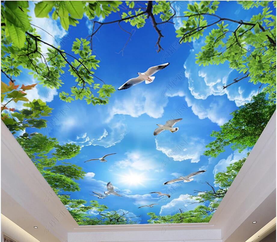 

3D ceiling murals wallpaper custom photo Blue sky, white clouds, green leaves, suspended ceiling, zenith home decor wallpaper for walls 3 d, Non-woven