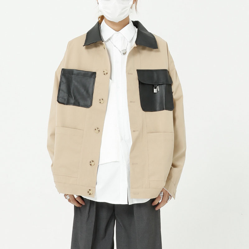 

Men Leather Pocket Splice Casual Loose Cargo Jacket Male Autumn Spring Streetwear Vintage Fashion Coat Outerwear, 2112