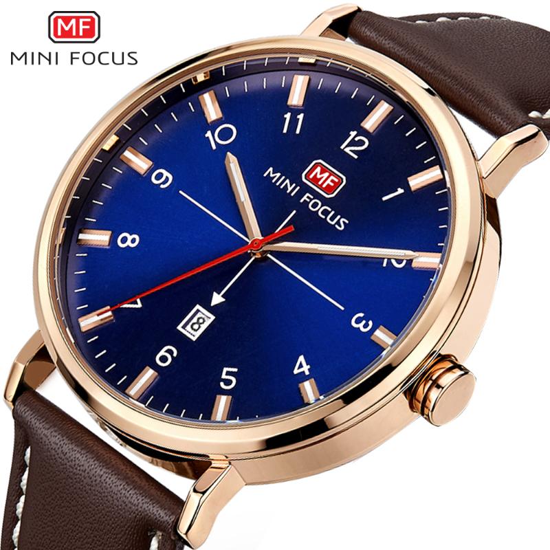 

MINI FOCUS Top Quartz Watch Men Date Display Blue Dial Leather Strap Royal Dress Wristwatches 2020 New Fashion, Black silver