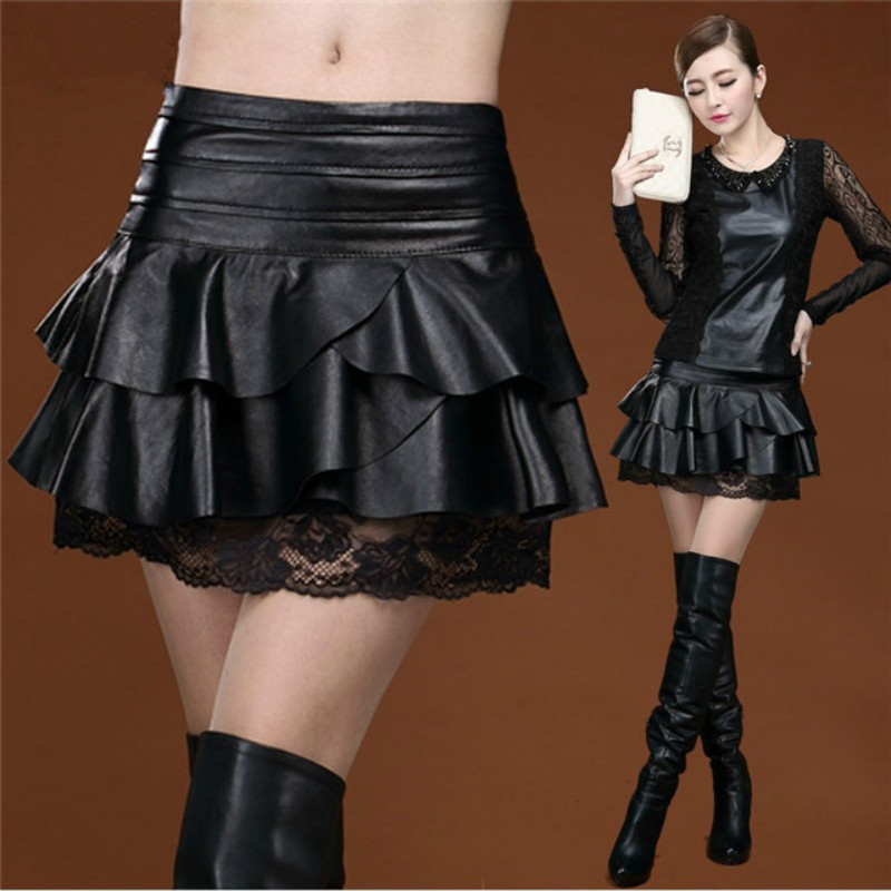 

2020 Black Leather Skirts Womens Vintage High Waist Skirt Winter Pleated Skirt Korean Faux Leather Stitching Lace Q92