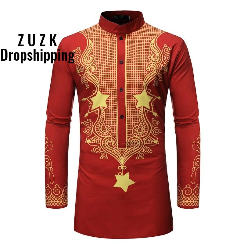 

ZUZK New Men's Long sleeved Shirt Printing National Wind Camisa Masculina , Men Stand Collar Slim Fit Shirt, Black