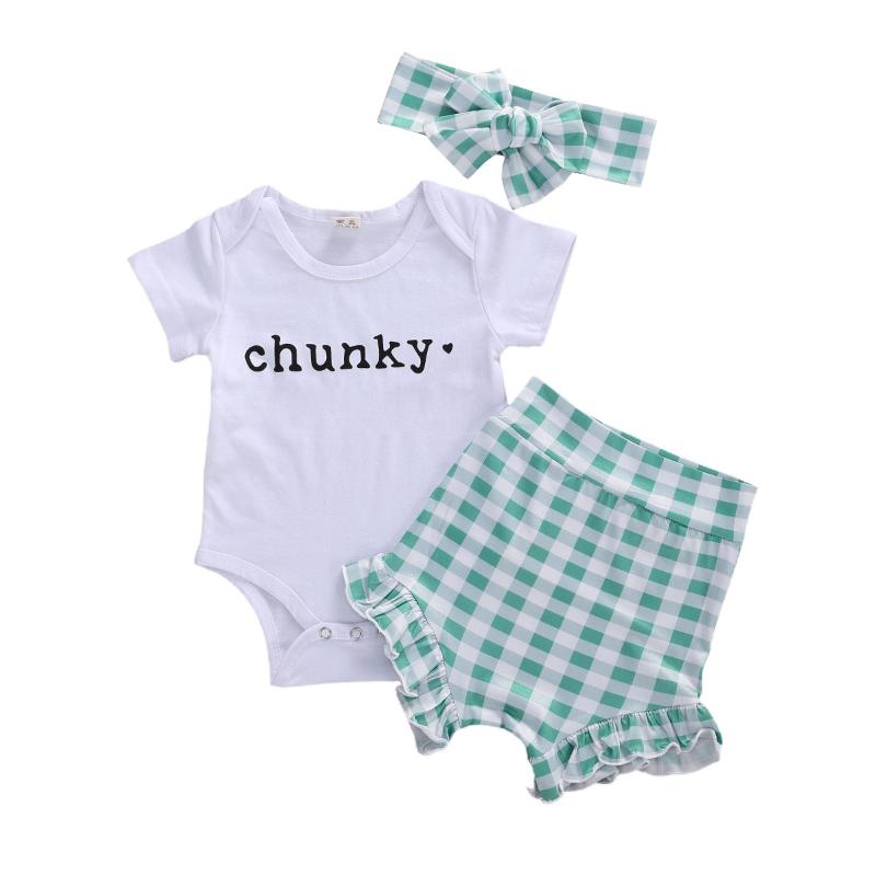 

2020 New 0-24M Autumn Baby Girls Boys Clothes Sets Long Sleeve Letter Bodysuit Tops Ruffles Plaid Shorts Headband 3pcs, As pic