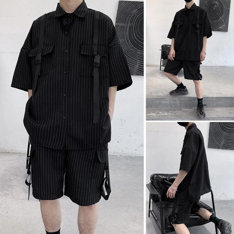 

Men Summer Casual Stripe Short Sleeve Shirt Loose Straight Shorts Pants Suit, Black