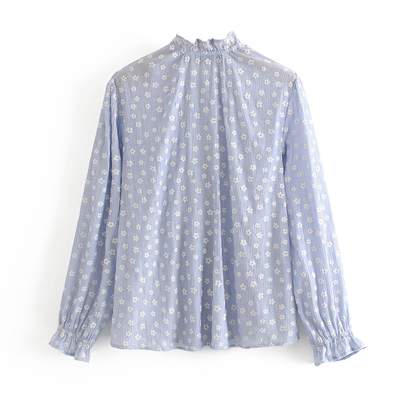 

Women Chic Floral Cotton Blouses 2020 Ruffle Long Sleeve Hollow Out Shirt Top Loose Casual Tunic Blouse Blusa Mujer, Blue