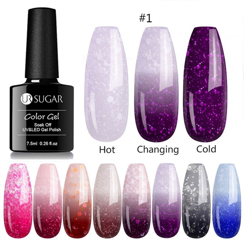 

UR SUGAR 7.5ml Thermal Glitter Gel Soak Off UV Snowflake Sequins Temperature Changing Nail Polish Varnish Gel Nail Art varnish, Base coat new