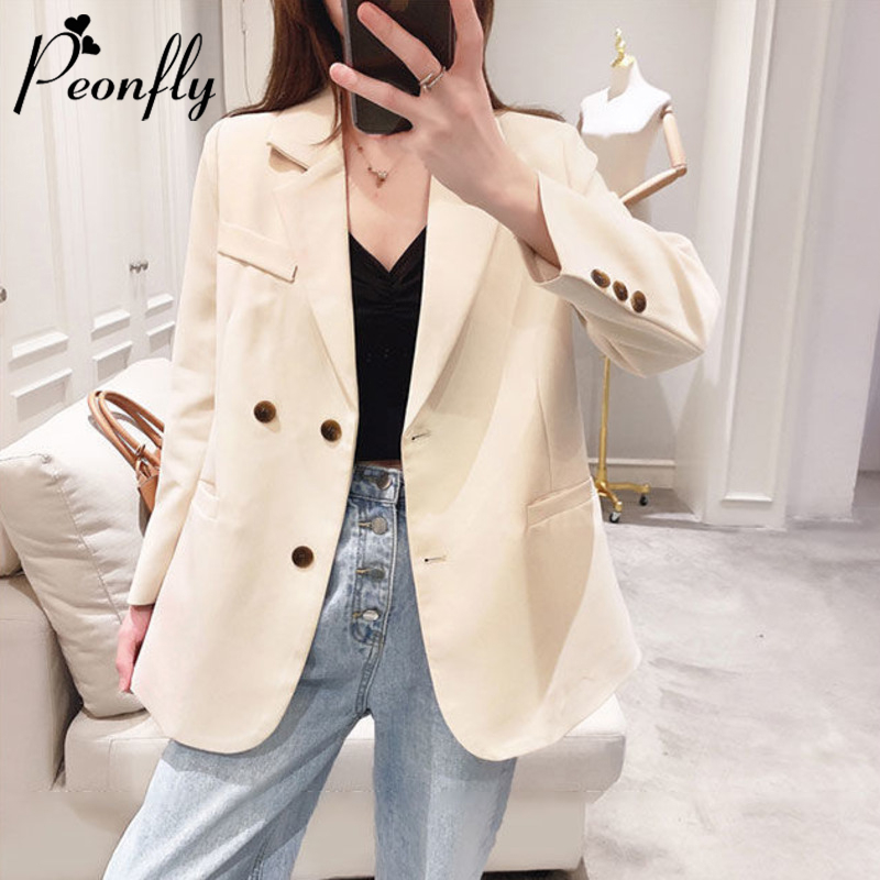 

PEONFLY 2020 Elegant White Double Breasted Women Blazer Fashion Vintage Solid Loose Office Ladies Tops Outerwear Female Jacket, Black
