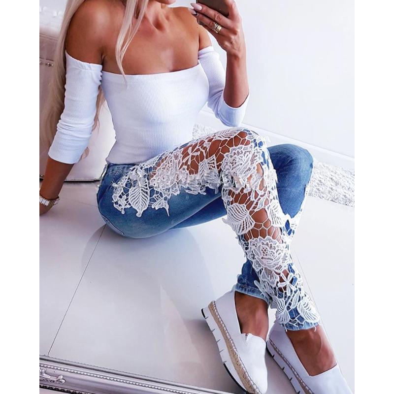 

Jeans Women Fashion Lace Patchwork Skinny Denim Pencil Pants Streetwear 2020 Ladies Washed Jeans Slim Female Denim Trousers D25, Blue
