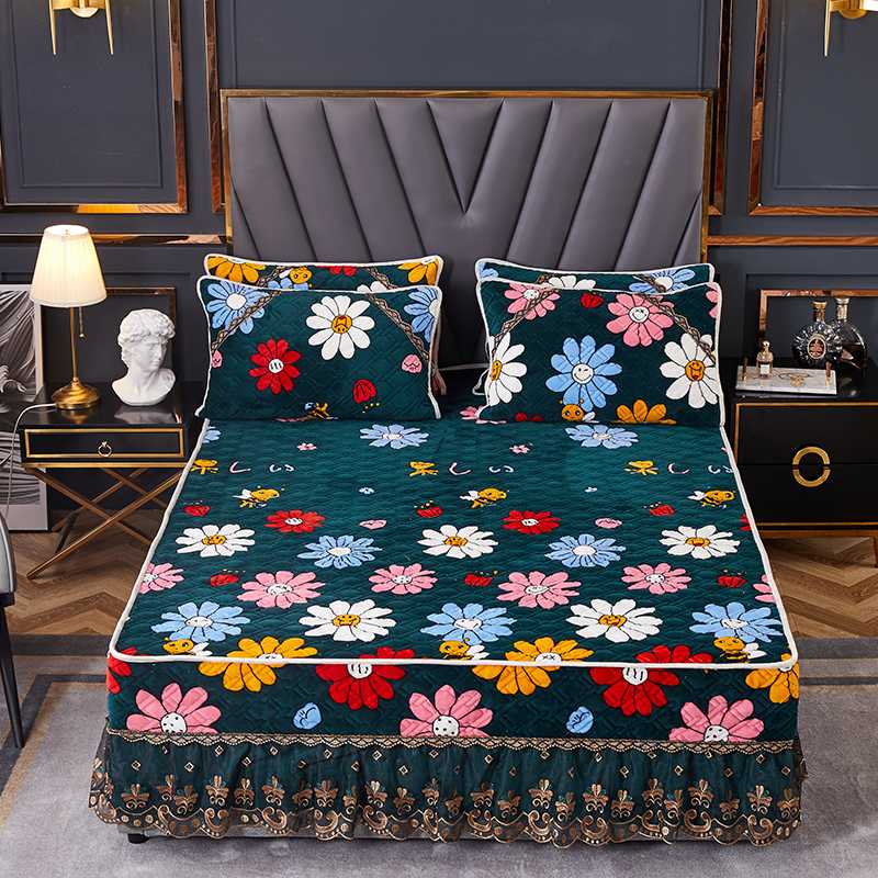 

Quilted Sheet&pillowcase set 3pcs/set flannel fleece thicken bed skirt+2 pillowcase padded Bed cover fleece winter ruffles, Wish tree