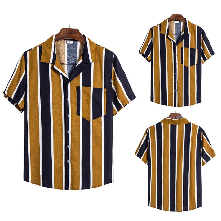 

Mens Vintage Pockets Floral Shirt Summer Hawaiian Vocation Striped Printed Shirts Casual Short Sleeve Lapel Tops, Yellow