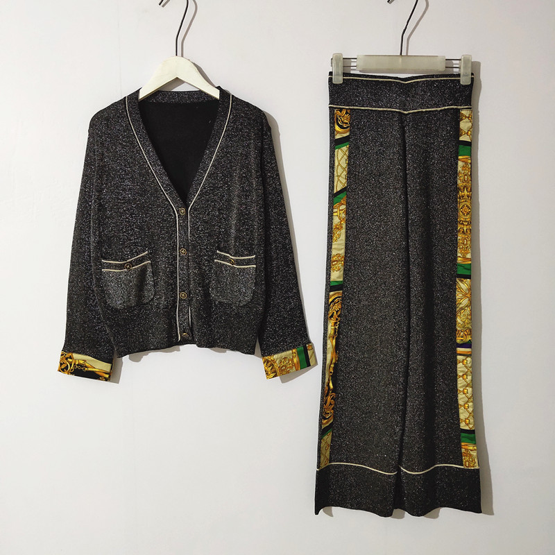 set 2pcs womens new vneck knit cardigan long sleeve top wide leg trousers two piece set free