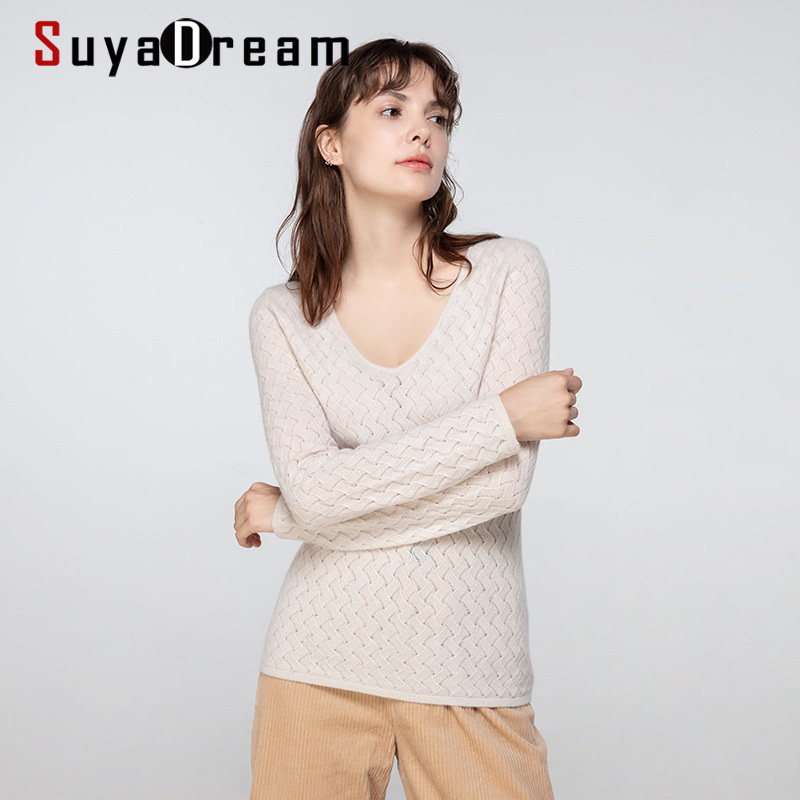 

SuyaDream woman sweaters 100%Cashmere V neck Pullovers Long Sleeve Solid White Sweaters 2020 Fall Winter Knit Top