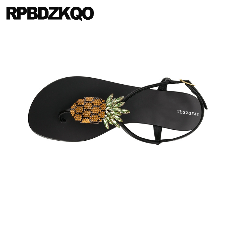 

Pineapple Jewel Black Thong Diamond Women Sandals Flat Summer 2020 Bohemia Soft Rhinestone Crystal Holiday Shoes T Strap Gold