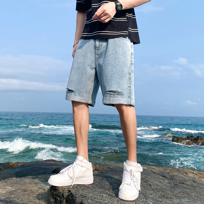 

Summer new men's denim shorts casual street ripped five-point pants men's fashion trend mid-pants high-quality pants, Light blue