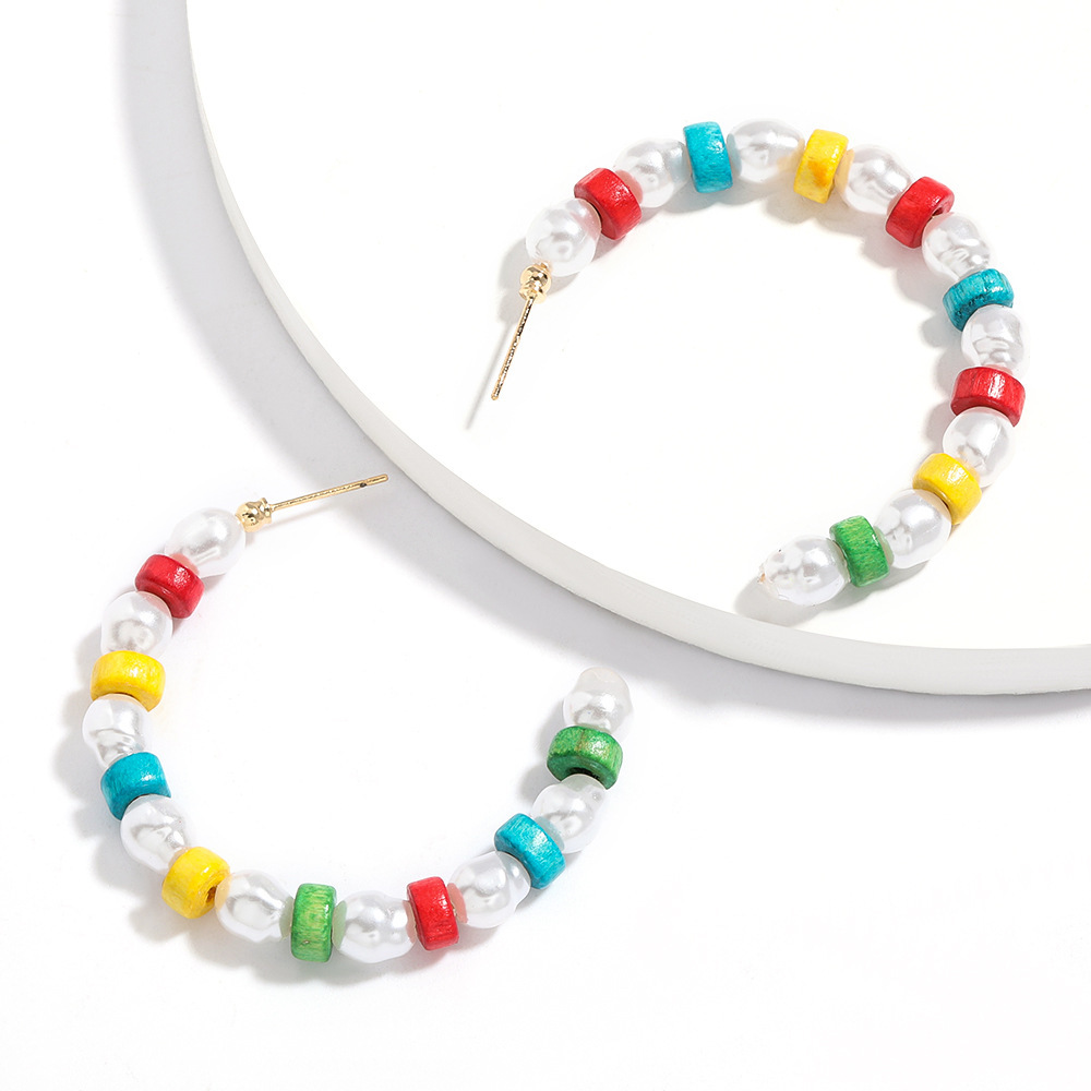 

ins style Japanese and Korean hipster C- shaped colorful wooden imitation pearl earrings female earrings online red earrings