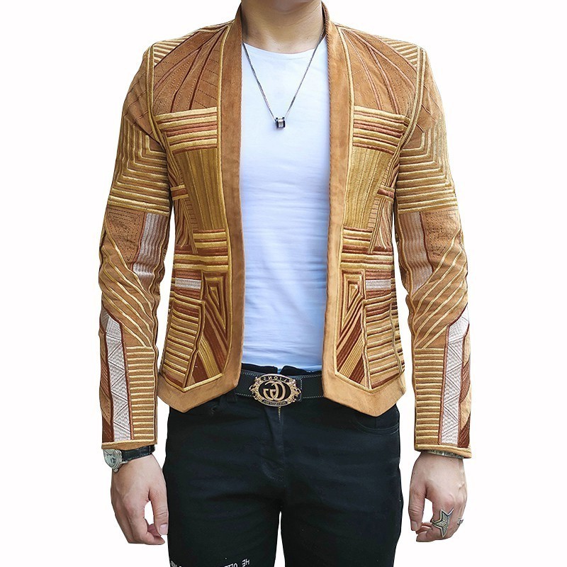 

Designer Mens Stage Party Hight Quality Corduroy Blazer Embroidery Suit Jacket Men Slim Fit, Khaki