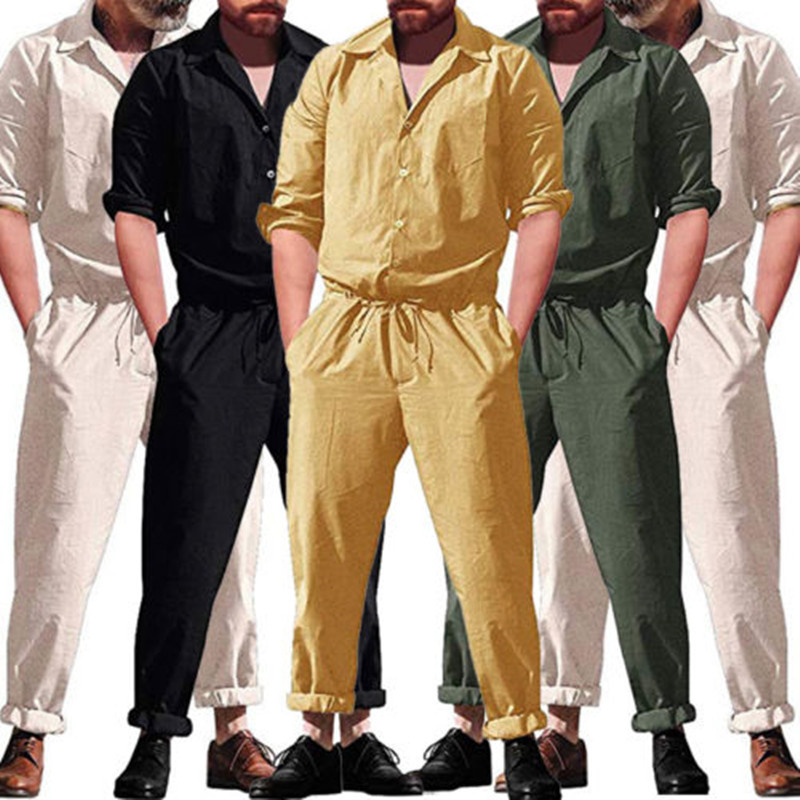 

Summer Fashion Long Sleeve Men sets Rompers Single Breasted Jumpsuit Long Pants Elastic waist Trousers mens set Party Overalls, Black