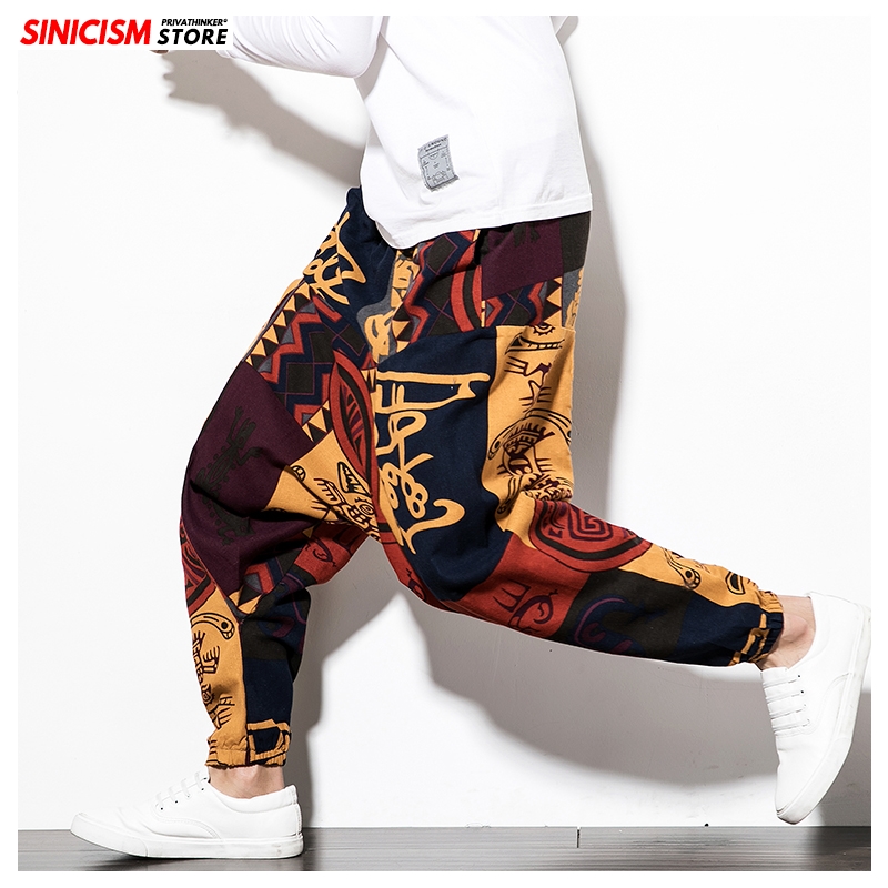 

Sinicism Store Chinese Style Casual Pants Men 2020 Printed Spring Summer Casual Trousers Mens Loose Hip Hop Cross Pant Male 5XL, White(asiansize)